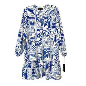 Rachel Zoe Dress Abstract Tile Print Tiered Mini Dress Blue White Size Large NWT